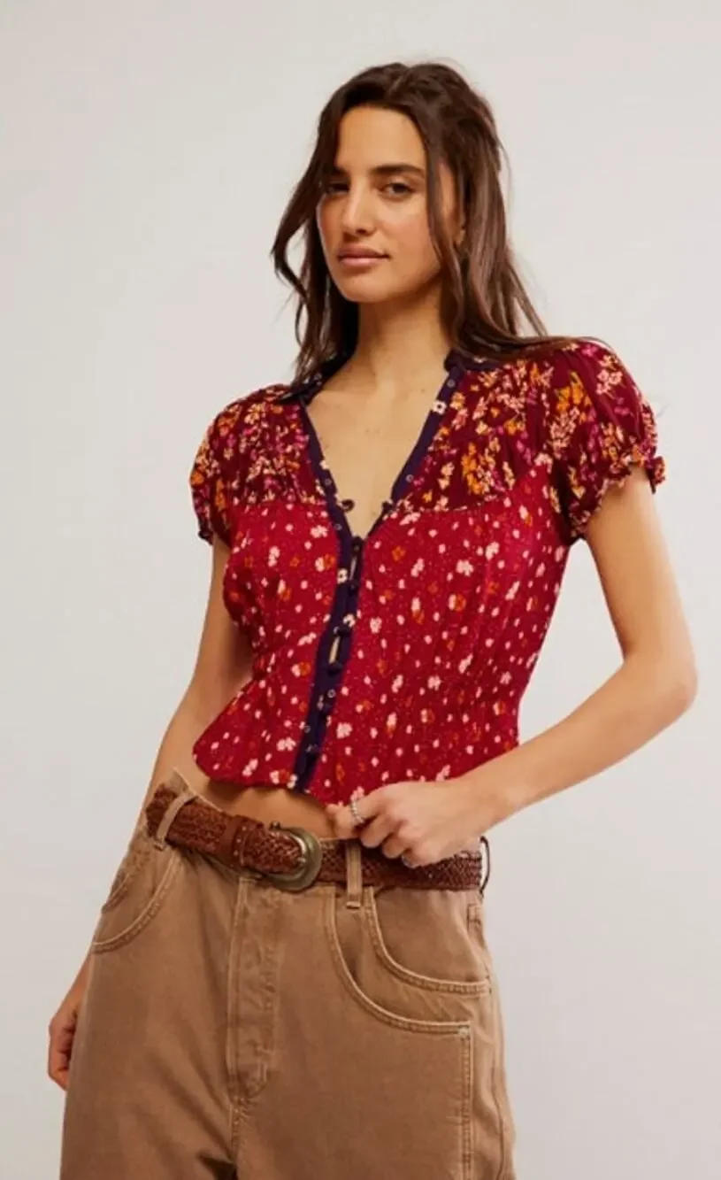 NEW! Free People 'Bella' Blouse in EARTH RED COMBO (L)
